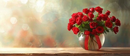 Poster - Red roses in a pot with a ribbon on a wooden table against a light backdrop with copy space image.