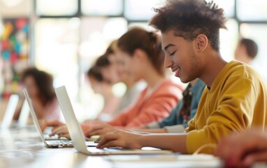 Poster - Diverse College Students Engaged in Technology-Enhanced Learning in a Modern Classroom