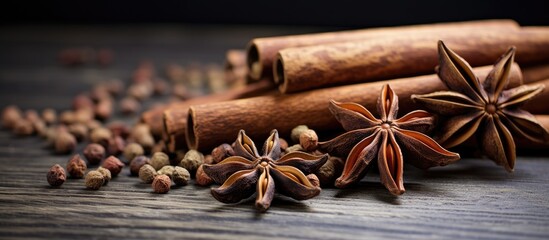 Poster - Cinnamon sticks and star anise arranged on a wooden table with space for a picture. with copy space image. Place for adding text or design