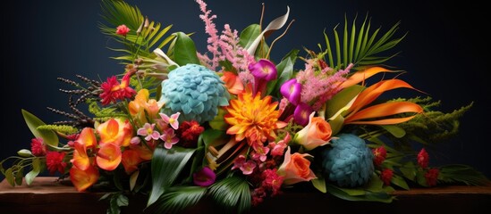 A stunning floristic arrangement featuring vibrant tropical flowers, perfect for a copy space image.