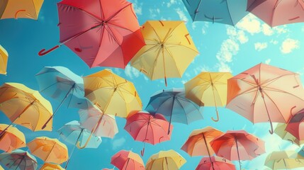 A group of colorful umbrellas suspended in the air, possibly at an event or celebration