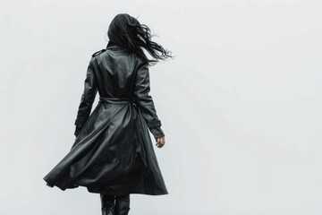 Wall Mural - A woman wearing a black leather coat and boots, great for editorial use