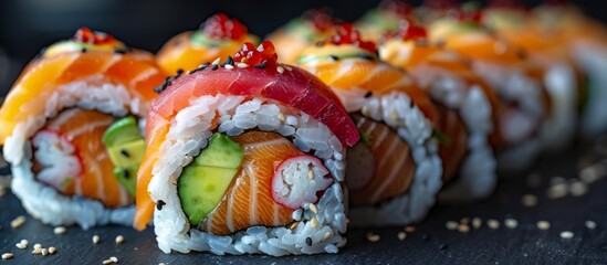 Wall Mural - Close-Up of Fresh Colorful Sushi Rolls on Dark Background
