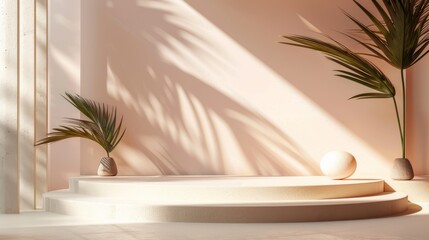 Wall Mural - Minimalist Product Display with Palm Leaf Shadows