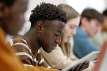 Poster - Diverse High School Students Engaged in Group Study with Technology in Classroom