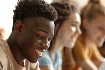 Poster - High School Students of Various Ethnicities Engaged in Collaborative Study with Textbooks and Digital Devices in Classroom