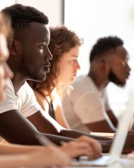 Poster - Diverse Group of College Students Collaborating on Project in Bright Modern Classroom