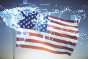 Wall Mural - abstract virtual world map with connections on usa flag and sunset sky background, international tra