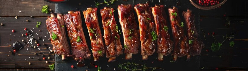Wall Mural - Deliciously cooked BBQ ribs garnished with fresh herbs on a dark wooden table, perfect for a gourmet meal stock photo.