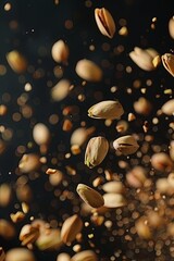 Wall Mural - Super slow motion of fresh roasted pistachio nuts flying towards the camera 