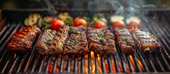 Wall Mural - Grilled Steaks and Vegetables on a Smoky Barbecue Grill