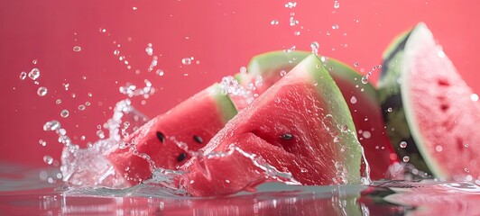 Wall Mural - Super slow motion of fresh watermelon slices falling into water against a red background at 1000 frames per second. 