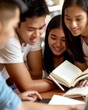 © Ryzhkov - Dedicated Asian College Students Engaged in Group Study at Library, Surrounded by Books and Laptops