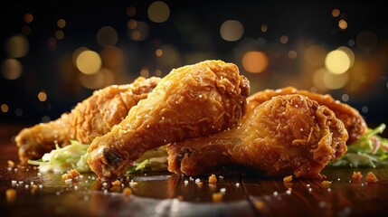 Delicious crispy fried chicken drumsticks served on greens, perfect for culinary advertisements and restaurant menus.