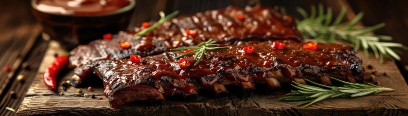 Poster - Close-up of delicious, perfectly grilled ribs garnished with herbs and red pepper, served with a bowl of barbecue sauce on a rustic wooden board.