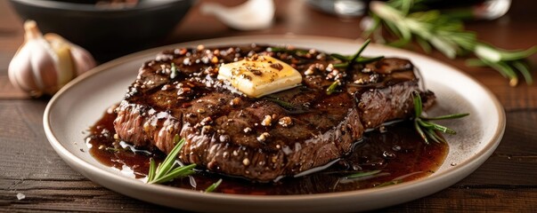 Canvas Print - Juicy grilled steak with melted butter and fresh rosemary served on a white plate, ready to satisfy your cravings.