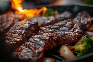 Wall Mural - Juicy grilled steaks sizzling on the barbecue, surrounded by fresh vegetables, creating a mouth-watering and appetizing scene.