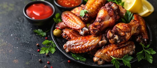 Canvas Print - Delicious Grilled Chicken Wings with Sauces and Herbs