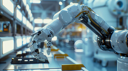 Close-up of a robotic arm working in a high-tech factory, illustrating automation and advanced manufacturing technology.