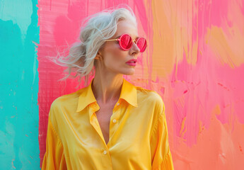 Wall Mural - an attractive blonde woman with bob hair style and wearing pink sunglasses, posing in front of the camera for fashion photoshoot