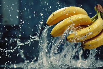 Super slow motion shot of fresh bananas flying and water splashing.