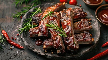 Wall Mural - Close-up of delicious grilled barbecue ribs garnished with rosemary on a dark rustic plate. Perfect for a food photography collection.