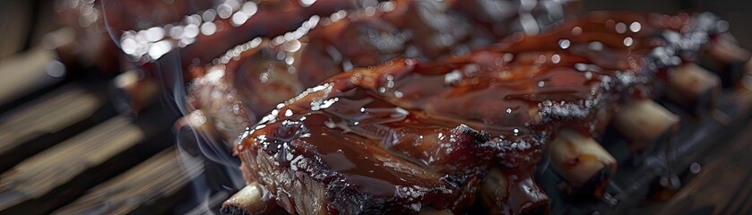 Wall Mural - Close-up of deliciously grilled ribs with barbecue sauce, showcasing juicy, tender meat on a wooden background.