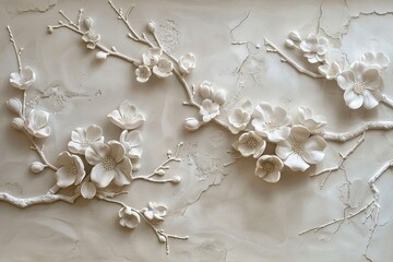 Wall Mural - Tranquil Zen Oasis: Architectural Stucco Molding with Japanese Cherry Blossoms