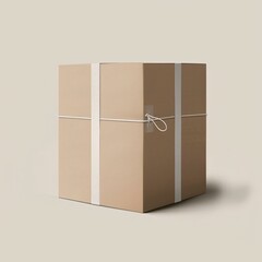 A plain cardboard box secured with white straps, sitting against a neutral background.