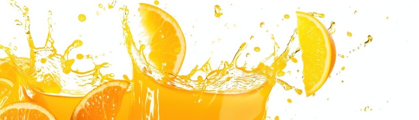 Wall Mural - orange juice splash and fruit slices against white backdrop