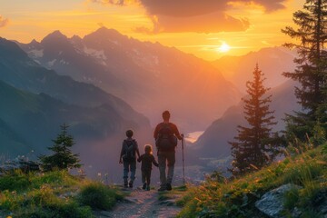 A family vacation in the mountains captures a serene moment Parents and child hike together on a scenic trail surrounded by lush greenery and towering peaks The sun sets casting a warm orange hue