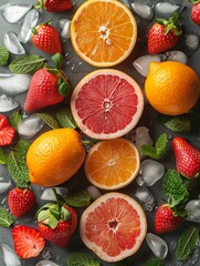 Fresh Citrus Fruits and Strawberries With Ice on a Dark Background
