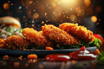 Wall Mural - Crispy golden fried chicken tenders served on a dark plate with a side of ketchup, perfect for a delicious meal or snack.