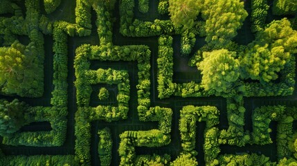 A complex maze made from a green hedge