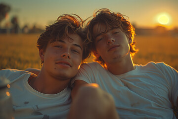 Wall Mural - portrait of Male couple at sunset