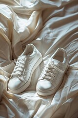 Wall Mural - Pair of white sneakers on a soft background