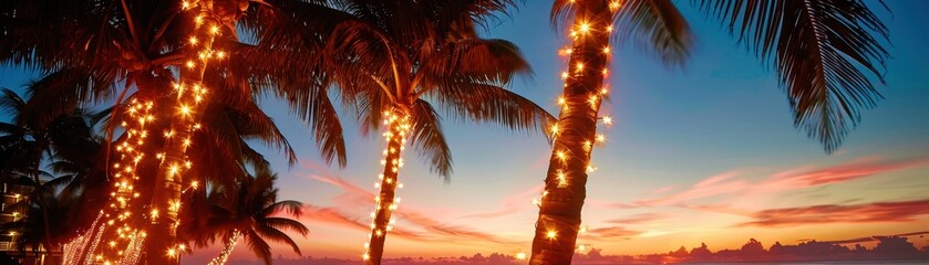 Wall Mural - Palm Tree Adorned with Twinkling Lights.