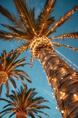 Wall Mural - Palm Tree Adorned with Twinkling Lights.
