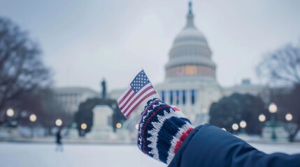 Hand with warmly knitted glove holding small American flag against snowy backdrop near the U.S. Capitol, symbolizing hope and endurance.