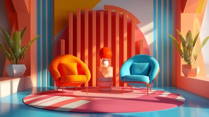 Wall Mural - Vibrant Ad Campaign Mockup in Eye-Level 3D Rendering with Natural Light Illumination and Geometric Patterns