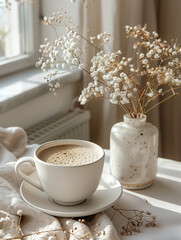 Sticker - cup of coffee with cookies at home