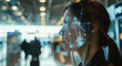 © Kien - A female traveler is being scanned by an airport facial biometric system, with digital lines flowing across her face as she walks past the camera at security