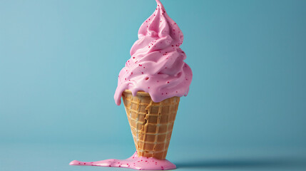 Pink ice cream melting and spilling from the waffle cone on pastel blue background.