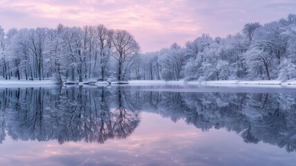 Wall Mural - snowy lakeside sunset serene winter landscape with snowcovered trees reflecting in a tranquil lake at dusk enchanting nature photography