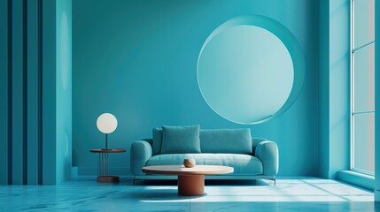 A chic living room featuring a dominant cyan color scheme, with minimalist design elements and plenty of copy space for customization. Ideal for projects that need a modern and stylish backdrop.