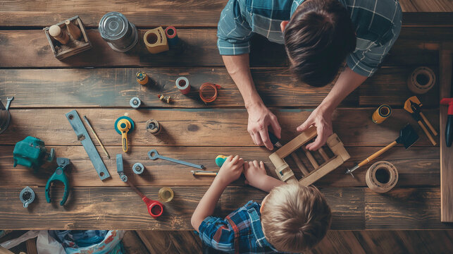 An artistic arrangement of a father and child working on a DIY project together, emphasizing skills and learning, DIY project, hd, with copy space, inscription Father's Day
