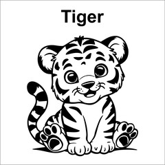 Kawaii tiger black and white outline for coloring. cute coloring book animals. cute tiger colouring page for kids illustration vector EPS 