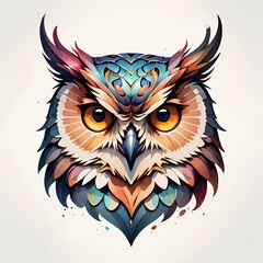 Wall Mural - Vibrant illustrated portrait of a colorful owl with intense eyes, perfect for fantasy art, educational materials, and creative branding projects.