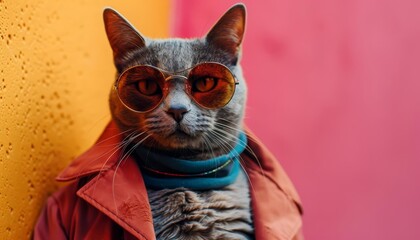 Wall Mural - Image of stylish Cat in trendy sunglasses and outfit looking at camera against two colored background, Copyspace