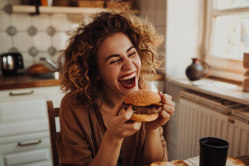 Sticker - Young woman eating a burger and fries in the kitchen at home, wearing a brown shirt sitting at the table with her phone